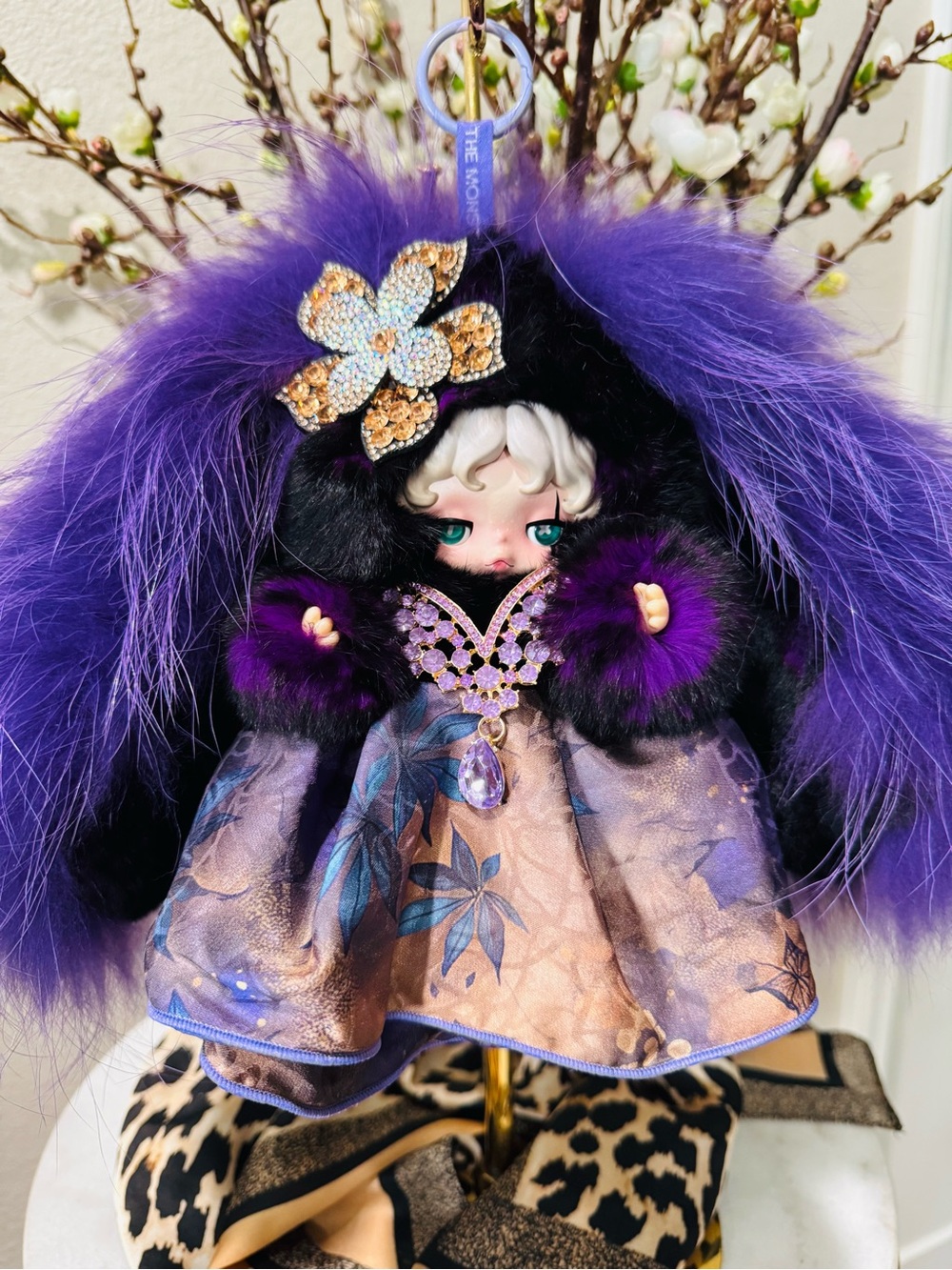 Plush Purple real Fur Skullpanda with Crystal Accessories